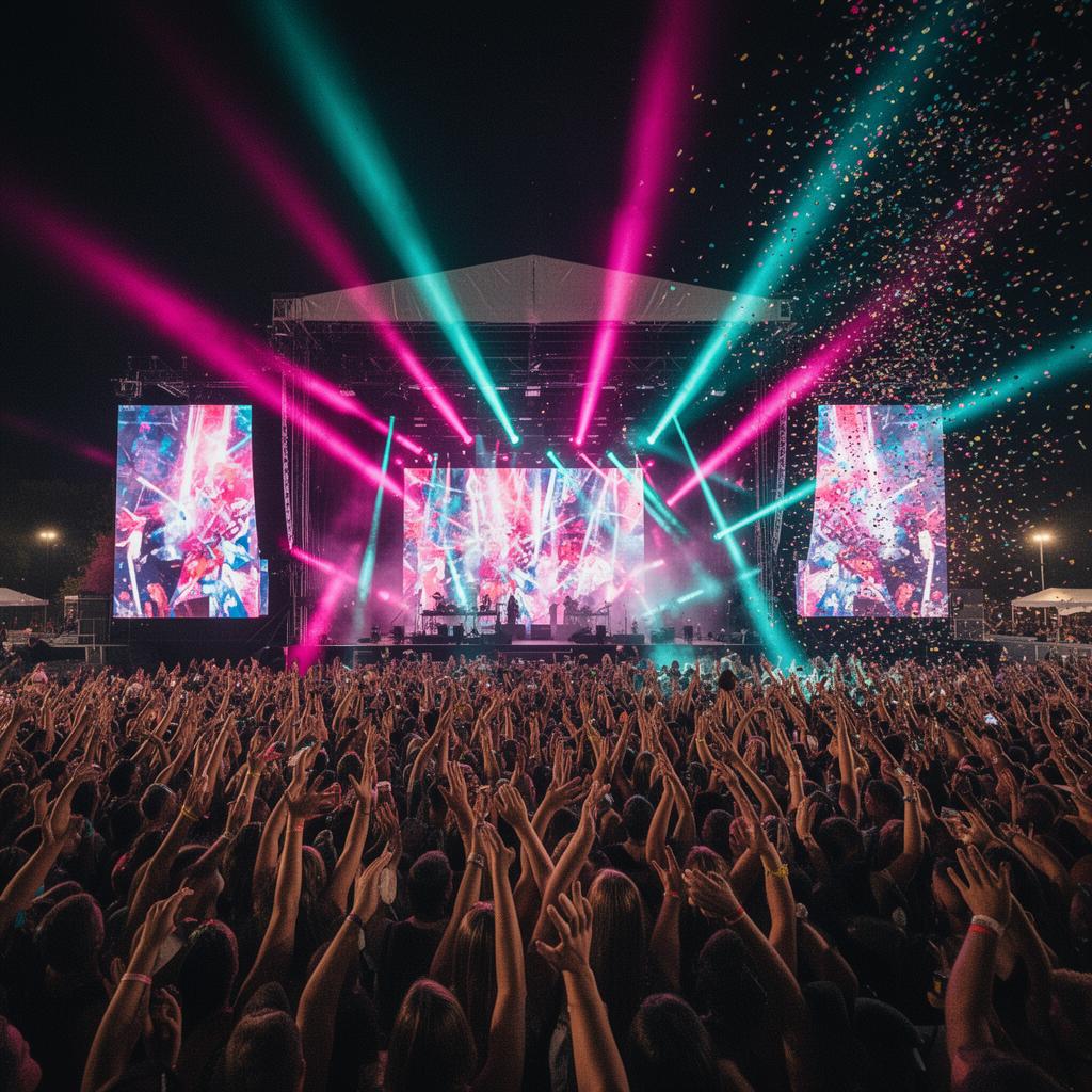 Festival noturno com palco iluminado e público com mãos para o alto