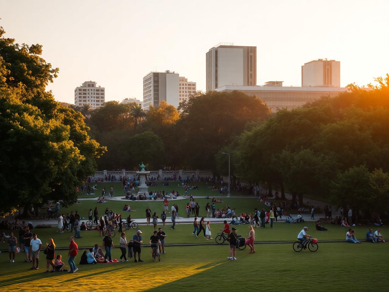 Parque urbano movimentado ao entardecer com pessoas, ciclistas e famílias